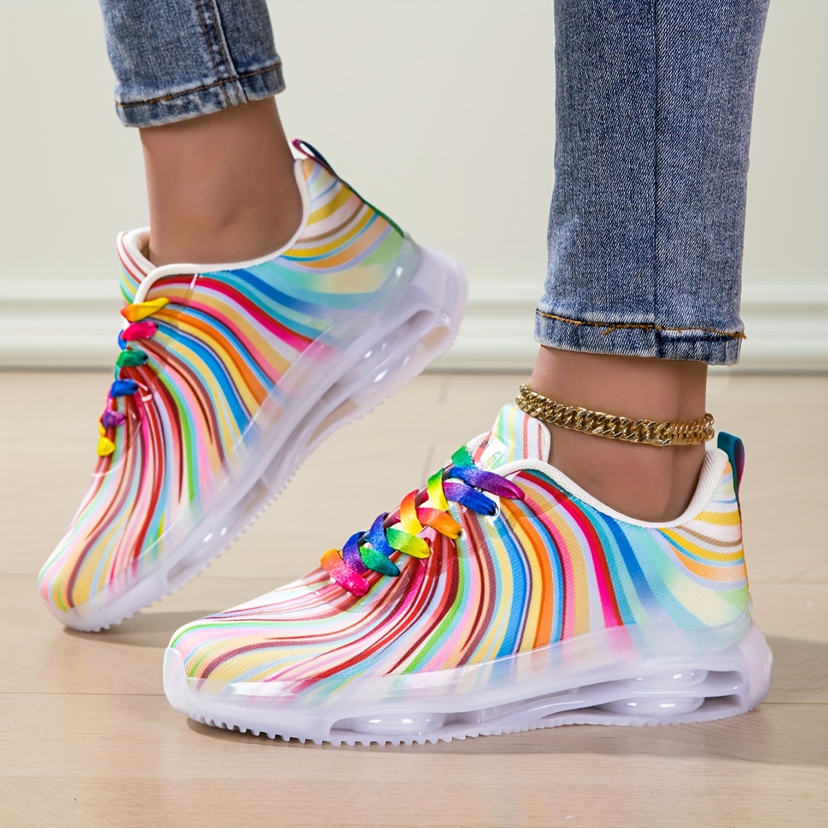 Women'S Fashion Tennis Shoes - Women's Rainbow Stripe Casual Sports Shoes